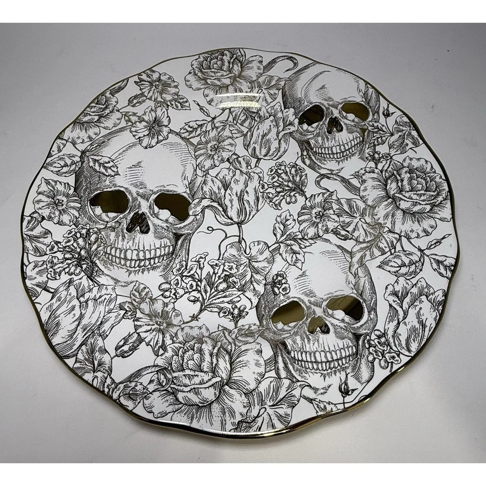 222 Fifth Salem E-Gold Skull Halloween Dinner Plates Set of 4 11in New